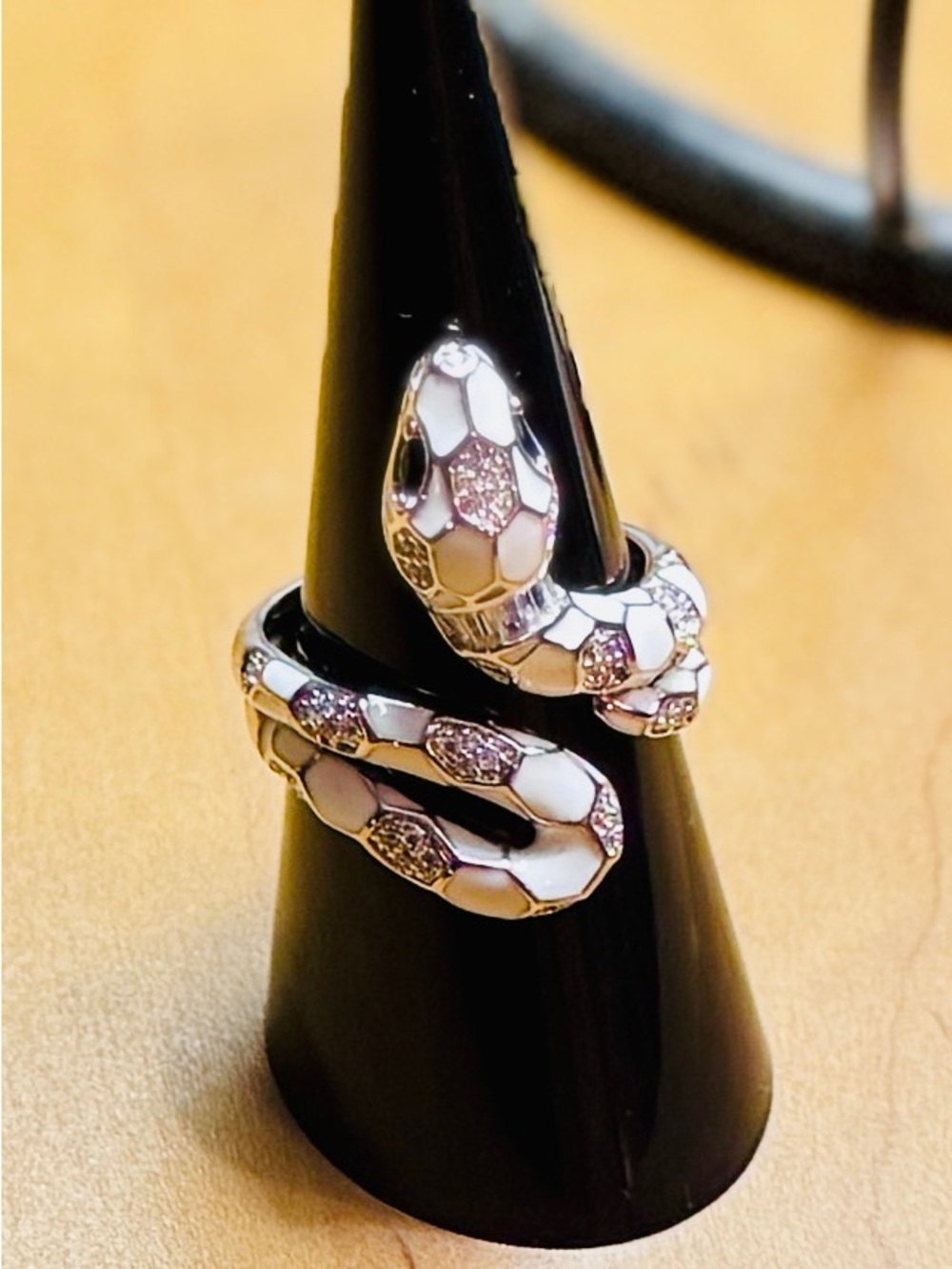 Snake Wrap Cocktail Ring in White Enamel and Silver | Size 8